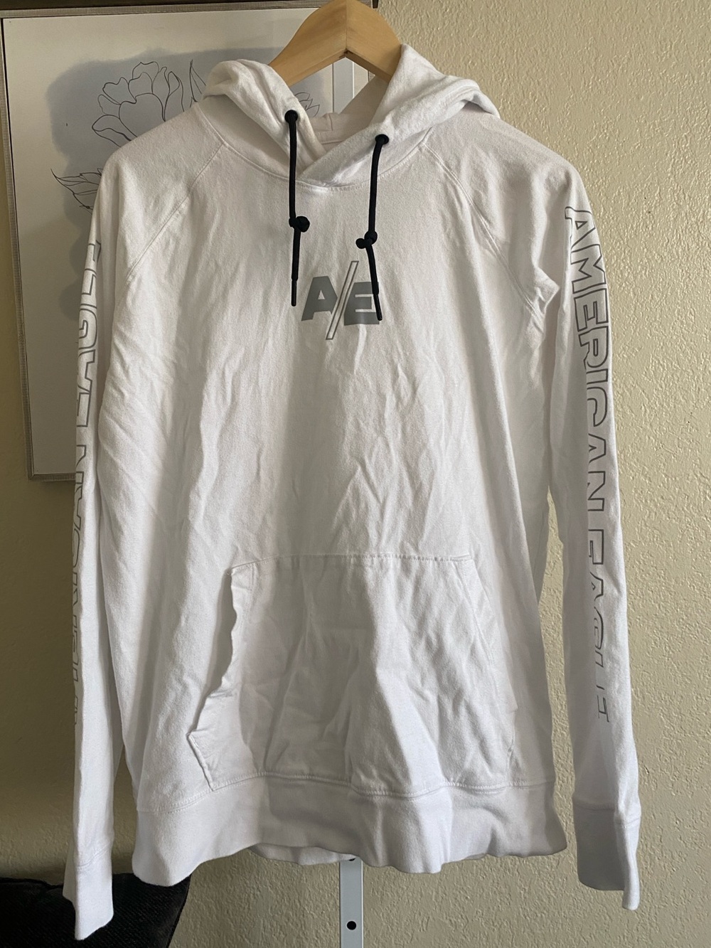 American Eagle Outfitters White Hoodie with AE Chest Logo and Sleeve Branding